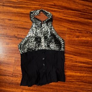 Y2K Black and Leopard Print Halter Blouse